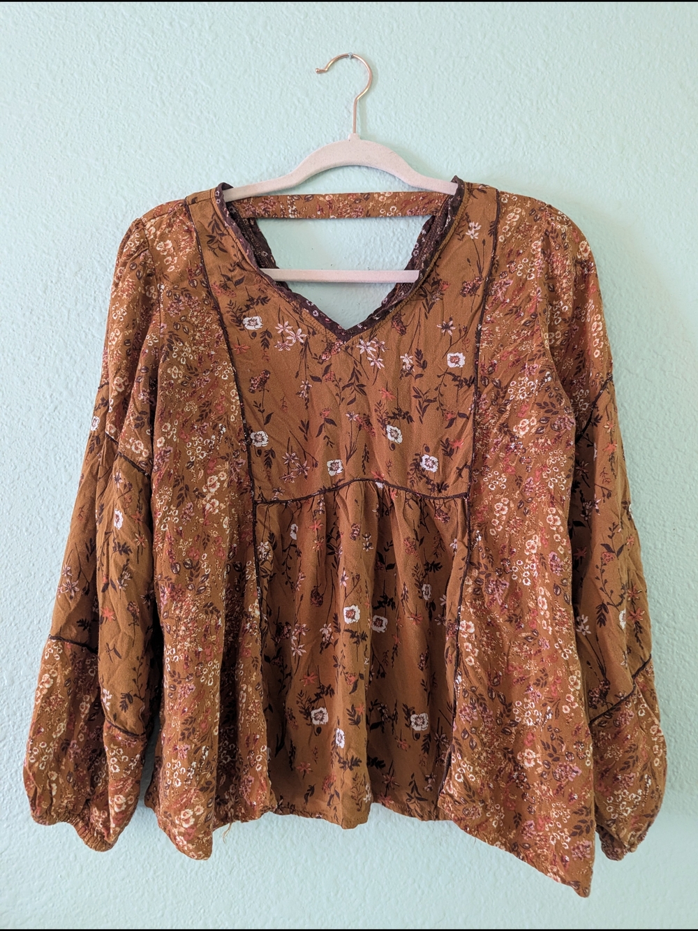 Maurices Mustard Brown Floral Peasant Blouse